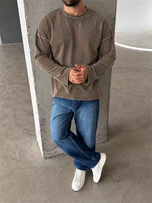 Kahve Yıkamalı Bisiklet Yaka İki İplik Sweatshirt KN 5751