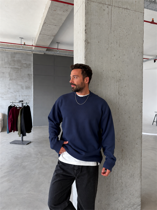 Lacivert 3 İplik Şardonsuz  Ribanalı Bisiklet Yaka Sweatshirt OTN 79030