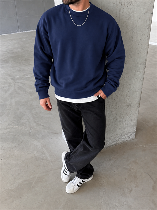 Lacivert 3 İplik Şardonsuz  Ribanalı Bisiklet Yaka Sweatshirt OTN 79030