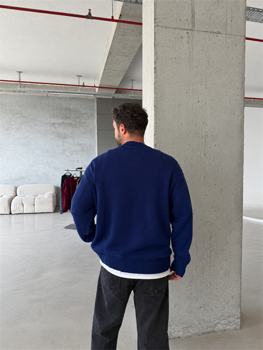Lacivert 3 İplik Şardonsuz  Ribanalı Bisiklet Yaka Sweatshirt OTN 79030