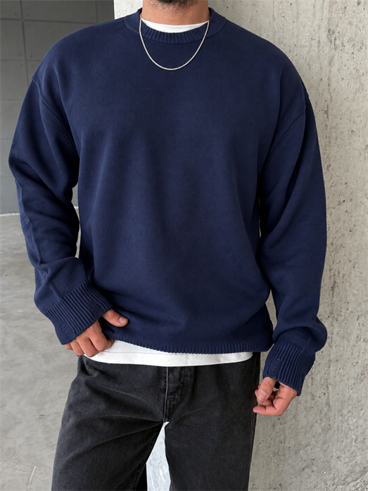 Lacivert 3 İplik Şardonsuz  Ribanalı Bisiklet Yaka Sweatshirt OTN 79030