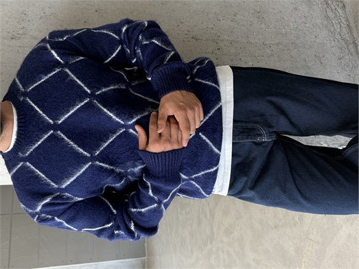 Lacivert Çizgi Desen Bol Boxy Şardonlu Pamuk Kazak AU