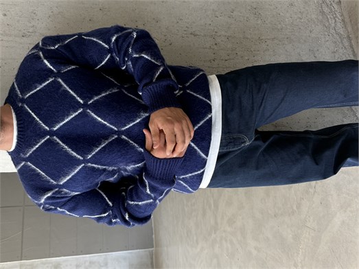 Lacivert Çizgi Desen Bol Boxy Şardonlu Pamuk Kazak AU