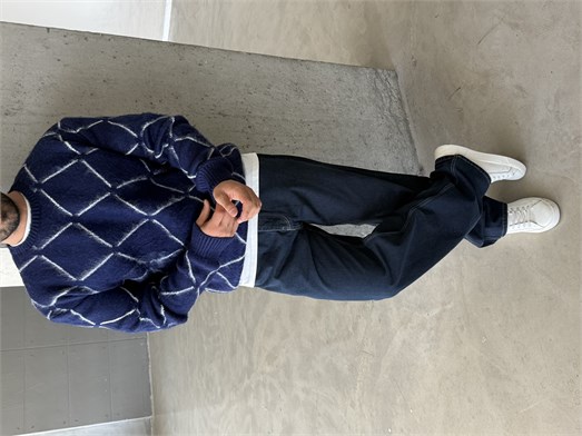Lacivert Çizgi Desen Bol Boxy Şardonlu Pamuk Kazak AU