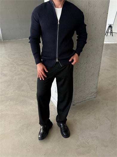 Lacivert Elegant Fit Çift Fermuarlı Hırka Triko AU