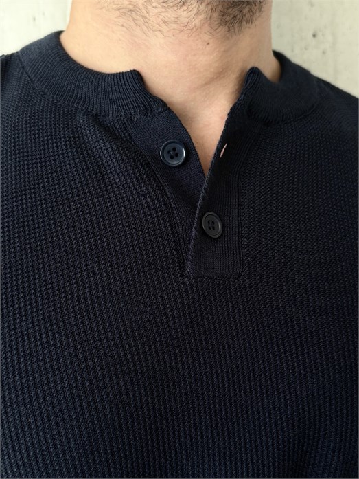 Lacivert Henley Yaka Örgü Relax Fit Triko SNZ