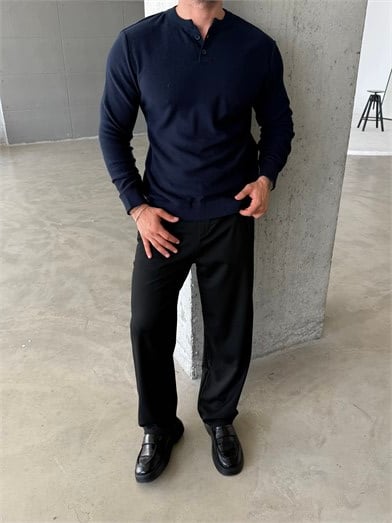 Lacivert Henley Yaka Örgü Relax Fit Triko SNZ