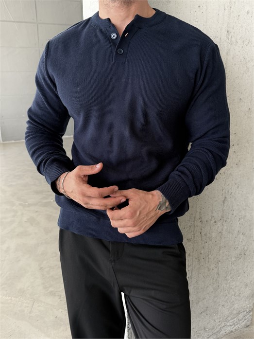 Lacivert Henley Yaka Örgü Relax Fit Triko SNZ