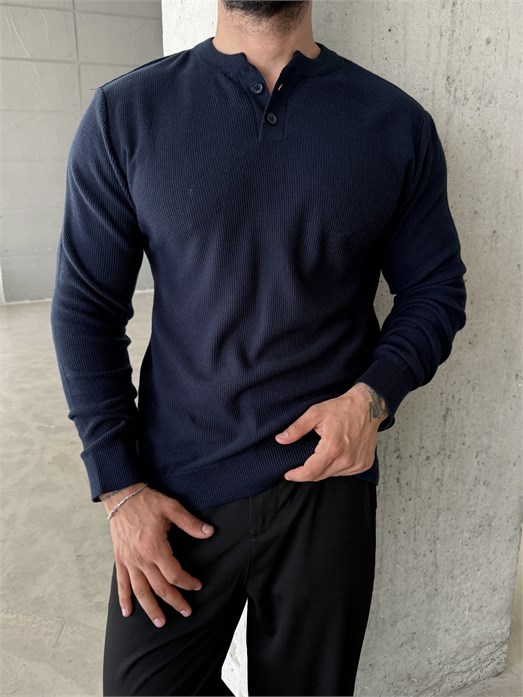 Lacivert Henley Yaka Örgü Relax Fit Triko SNZ