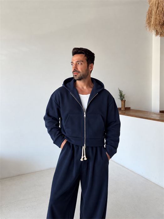 Lacivert Panda Boxy Tam Zip Kapşonlu PLZ 27551
