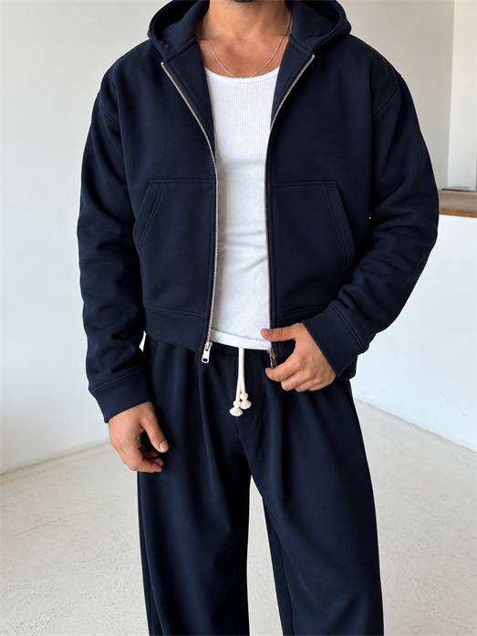 Lacivert Panda Boxy Tam Zip Kapşonlu PLZ 27551