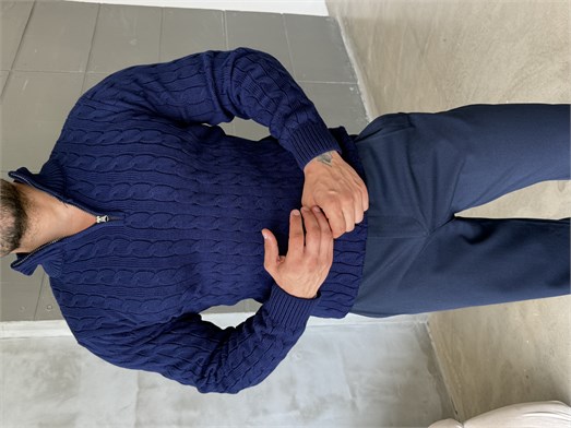 Lacivert Saç Örgü Yarım Zip Triko TB
