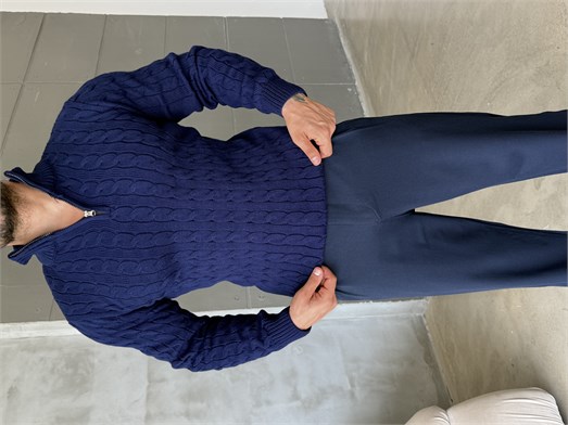 Lacivert Saç Örgü Yarım Zip Triko TB