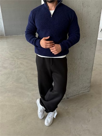 Lacivert Yarım Zip Şardonlu Pamuk Teddy Boxy Fit Kazak AU