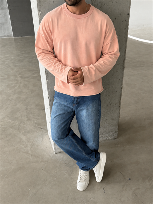 Pembe Yıkamalı Bisiklet Yaka İki İplik Sweatshirt KN 5751