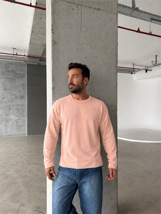Pembe Yıkamalı Bisiklet Yaka İki İplik Sweatshirt KN 5751