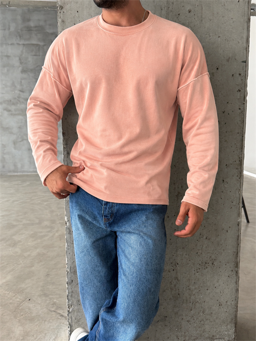 Pembe Yıkamalı Bisiklet Yaka İki İplik Sweatshirt KN 5751