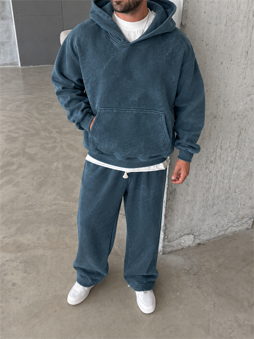 Petrol Kangru Yıkamalı Compak Hoodie Boxy Kalıp PLZ 27504