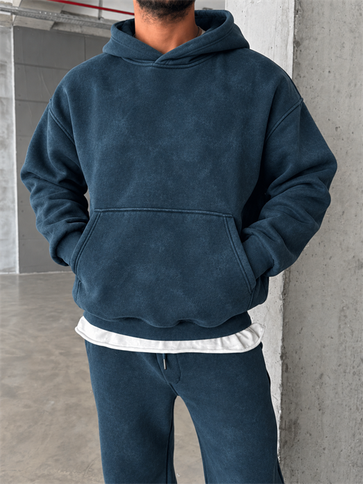 Petrol Kangru Yıkamalı Compak Hoodie Boxy Kalıp PLZ 27504