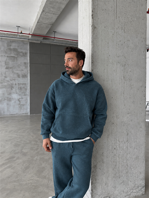 Petrol Kangru Yıkamalı Compak Hoodie Boxy Kalıp PLZ 27504