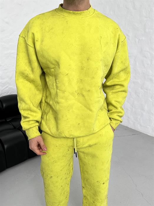 Sarı 3 İplik Oversize Yıkamalı Bisiklet Yaka Sweatshirt PLZ