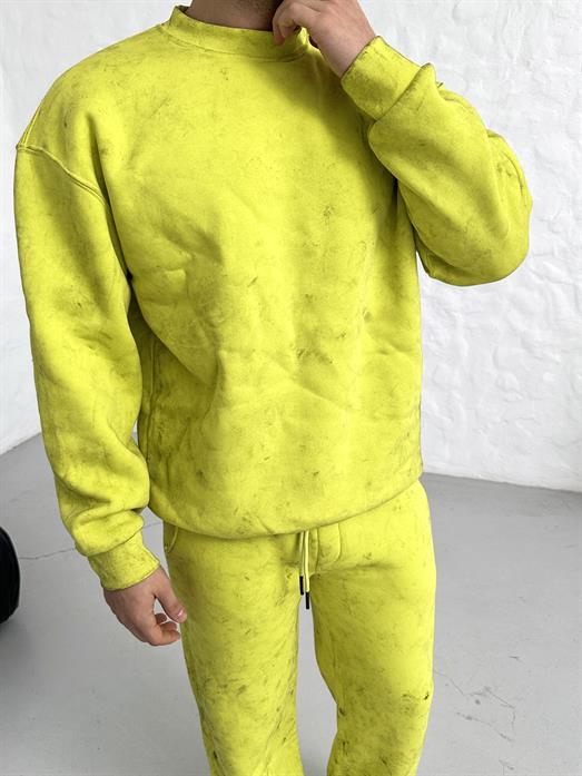 Sarı 3 İplik Oversize Yıkamalı Bisiklet Yaka Sweatshirt PLZ