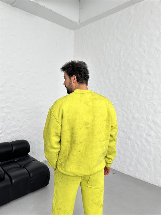 Sarı 3 İplik Oversize Yıkamalı Bisiklet Yaka Sweatshirt PLZ