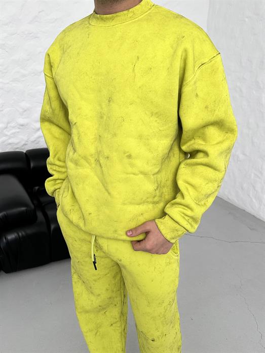 Sarı 3 İplik Oversize Yıkamalı Bisiklet Yaka Sweatshirt PLZ