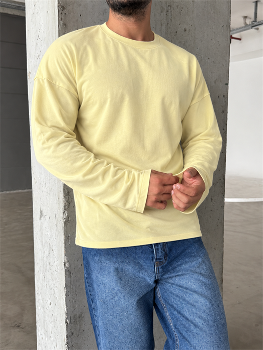 Sarı Yıkamalı Bisiklet Yaka İki İplik Sweatshirt KN 5751