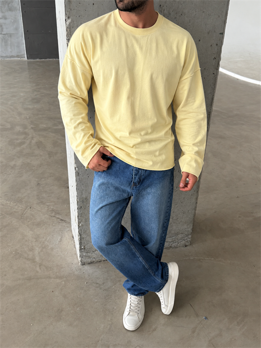 Sarı Yıkamalı Bisiklet Yaka İki İplik Sweatshirt KN 5751