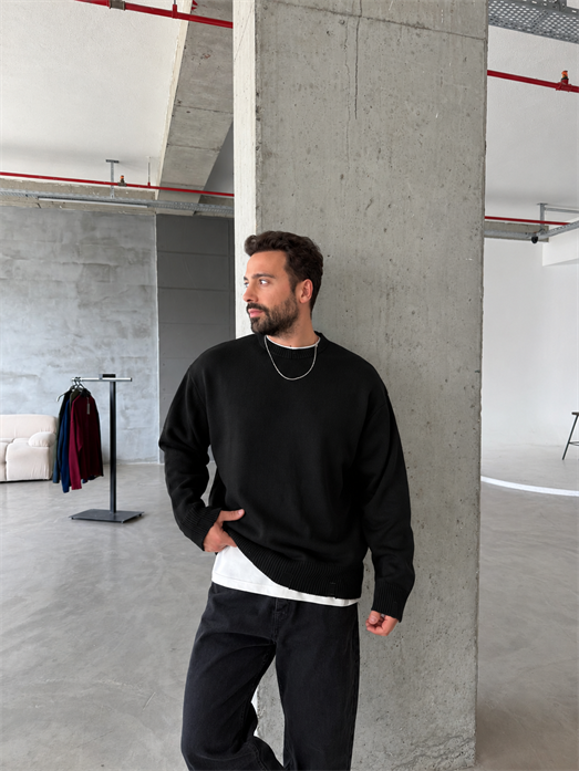 Siyah 3 İplik Şardonsuz  Ribanalı Bisiklet Yaka Sweatshirt OTN 79030