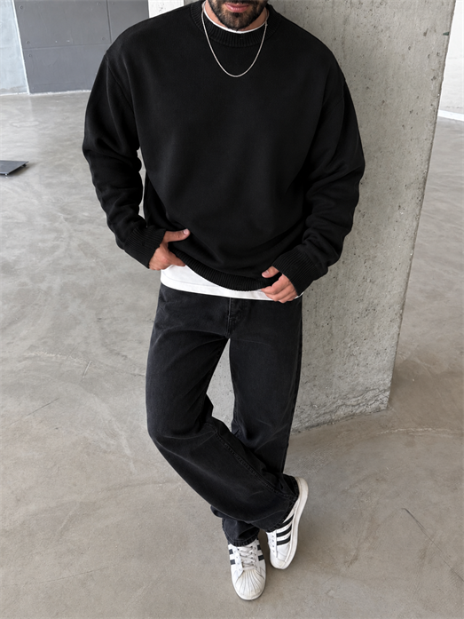 Siyah 3 İplik Şardonsuz  Ribanalı Bisiklet Yaka Sweatshirt OTN 79030