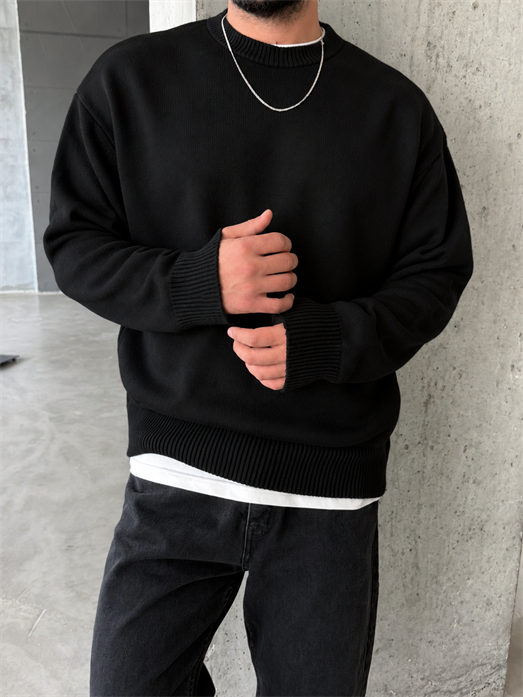 Siyah 3 İplik Şardonsuz  Ribanalı Bisiklet Yaka Sweatshirt OTN 79030