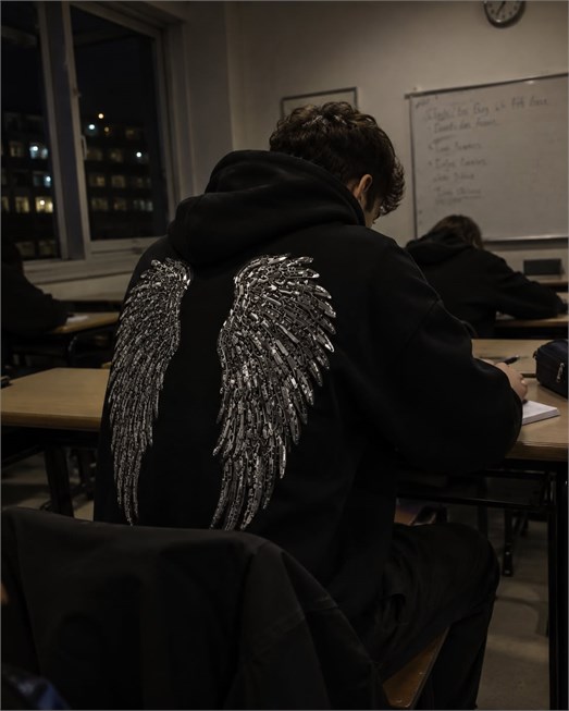 Siyah Angel Üç İplik Hoodie SC