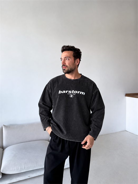 Siyah Barstorm Baskılı Pis Kesim Yıkamalı Boxy Sweatshirt BRR 80104