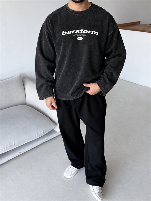 Siyah Barstorm Baskılı Pis Kesim Yıkamalı Boxy Sweatshirt BRR 80104