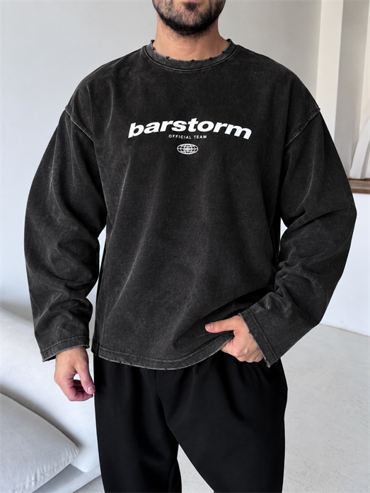 Siyah Barstorm Baskılı Pis Kesim Yıkamalı Boxy Sweatshirt BRR 80104