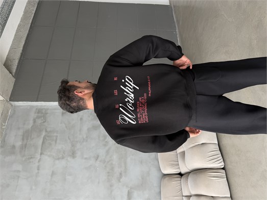 Siyah Bisiklet Yaka Worship Boxy Baskılı Sweatshirt PNC 6059