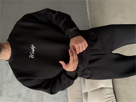 Siyah Bisiklet Yaka Worship Boxy Baskılı Sweatshirt PNC 6059