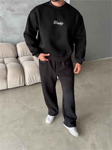 Siyah Bisiklet Yaka Worship Boxy Baskılı Sweatshirt PNC 6059