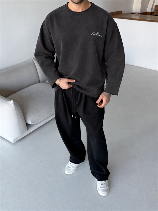 Siyah Champions Nakışlı Pis Kesim Boxy Sweatshirt BRR 80109