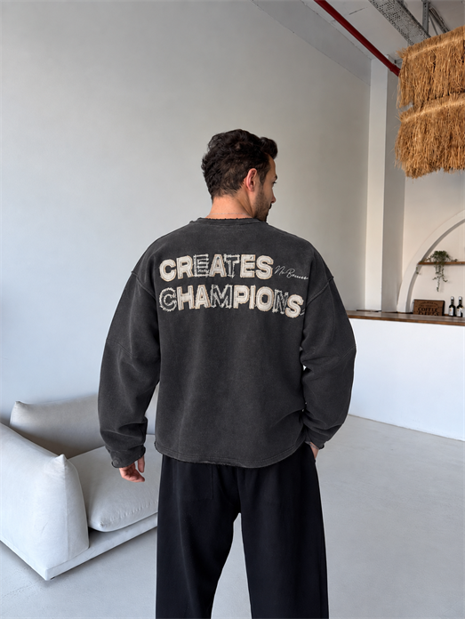 Siyah Champions Nakışlı Pis Kesim Boxy Sweatshirt BRR 80109