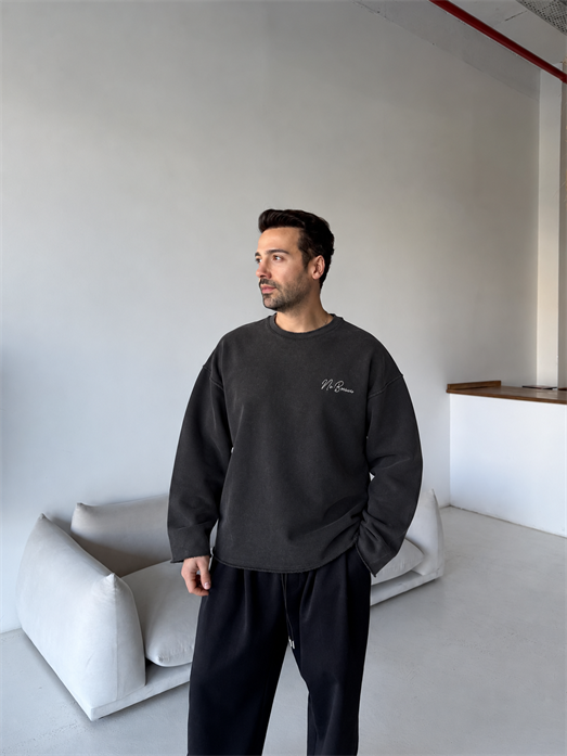 Siyah Champions Nakışlı Pis Kesim Boxy Sweatshirt BRR 80109