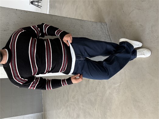 Siyah Çizgili Boxy Fit Pamuk Kazak SNZ
