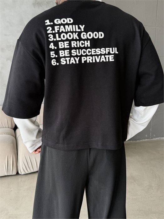 Siyah Clear Mind Baskılı Parçalı Sweatshirt Boxy RSP 5009