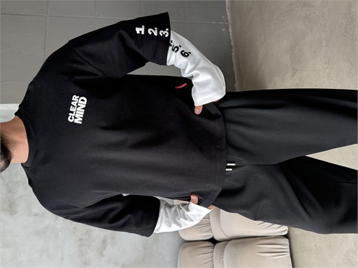 Siyah Clear Mind Baskılı Parçalı Sweatshirt Boxy RSP 5009