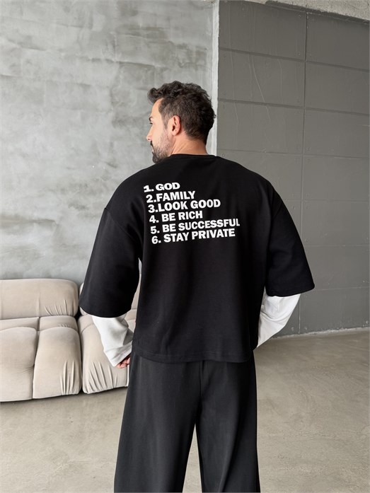 Siyah Clear Mind Baskılı Parçalı Sweatshirt Boxy RSP 5009