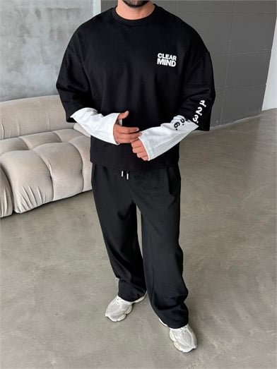 Siyah Clear Mind Baskılı Parçalı Sweatshirt Boxy RSP 5009