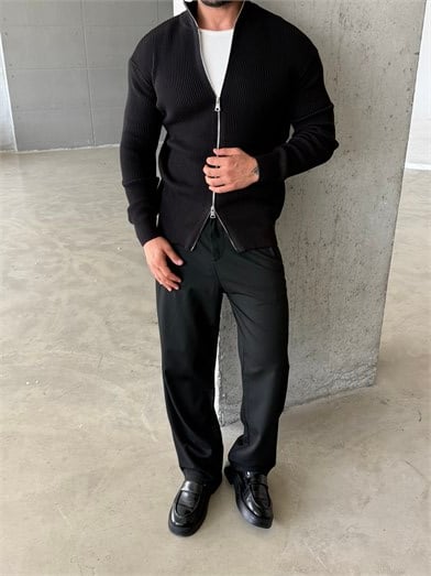 Siyah Elegant Fit Çift Fermuarlı Hırka Triko AU