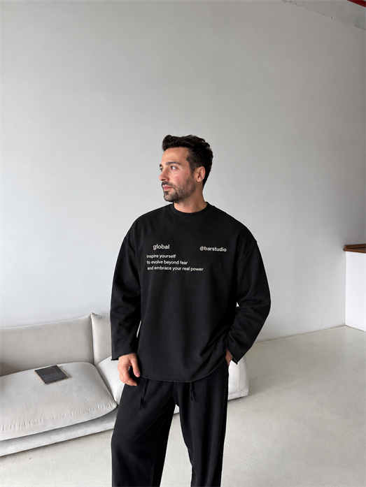 Siyah Global Pis Kesim Boxy 3 İplik Sweatshirt BRR 80115